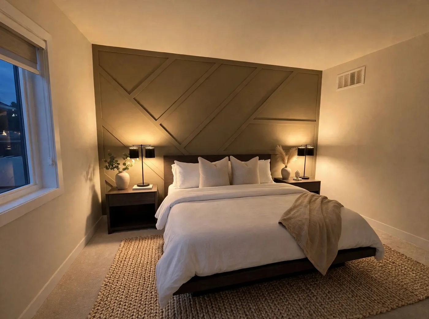 Bedroom with a taupe geometric trim accent wall behind the bed