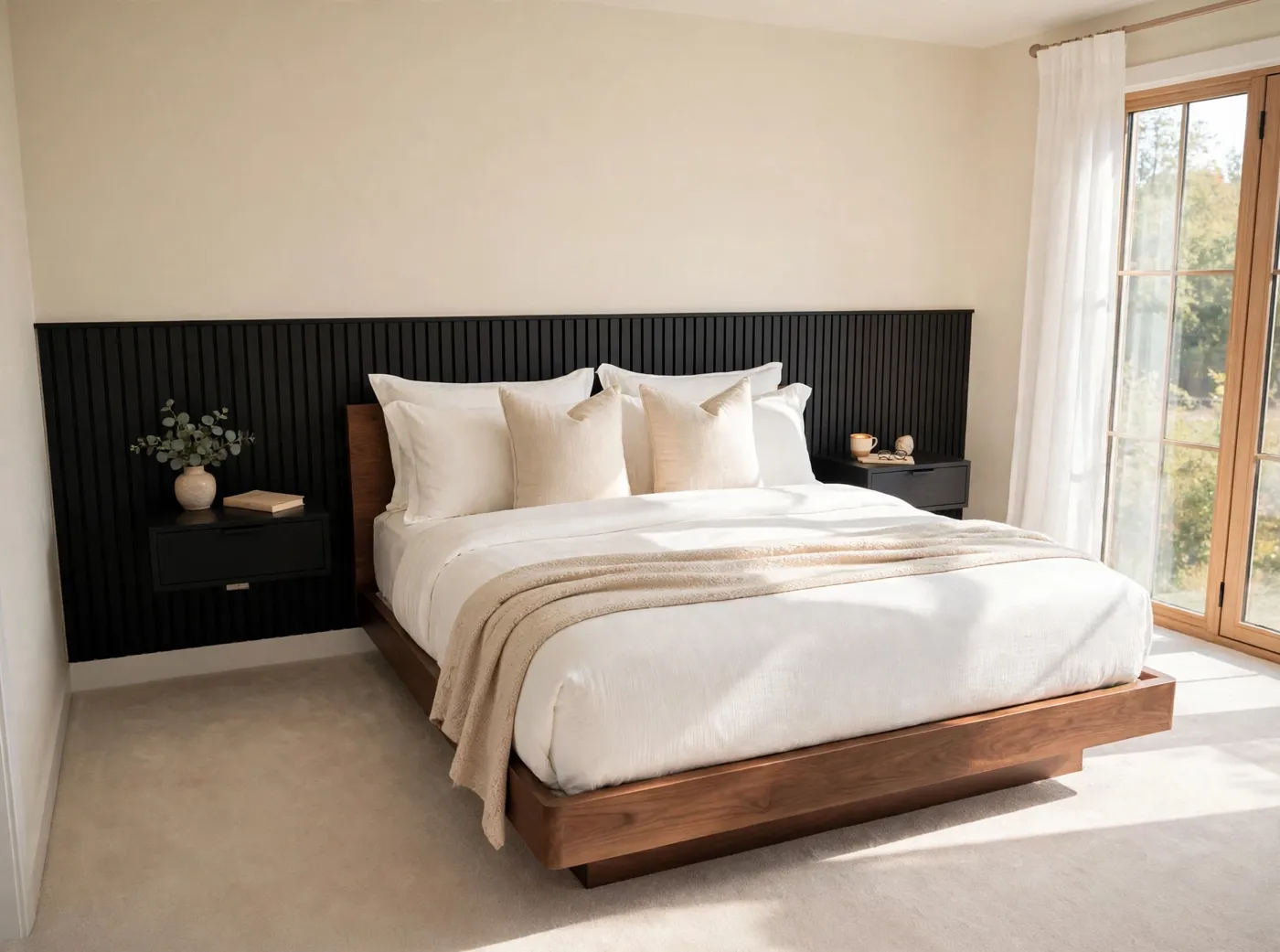 Bedroom with a black slat headboard wall and built-in floating nightstands